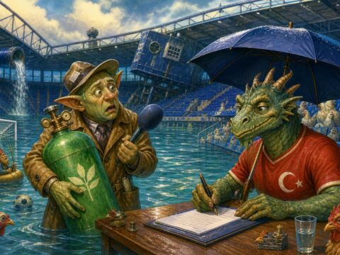 Ein überflutetes Fußballstadion in Gelsenkirchen, ein verwirrter Journalist hält eine Biomethan-Gasflasche, während ein türkischer Fußballer unter einem Regenschirm einen Vertrag unterschreibt, Hühner beobachten die Szene von der Tribüne