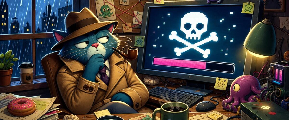 Ein Cartoon-Detektiv im Büro, hinter ihm ein Monitor mit einem gefälschten Update-Bildschirm und einem Totenkopf, Regen am Fenster.