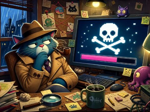Ein Cartoon-Detektiv im Büro, hinter ihm ein Monitor mit einem gefälschten Update-Bildschirm und einem Totenkopf, Regen am Fenster.