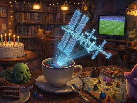 In einem schummrigen Spielecafé versinkt ein leuchtendes ISS-Modell in einer Kaffeetasse voller bunter Würfel, während ein namenloser Geburtstagskuchen auf einem Nebentisch steht und ein kleiner Fernseher ein unidentifizierbares Fußballspiel flimmert.