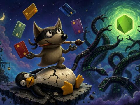 Ein schwebendes GIMP-Maskottchen mit Einbrechermaske jongliert Kreditkarten auf einem zerbrochenen Linux-Pinguin, während Kommandozeilen-Tentakel nach einem leuchtenden Node.js-Logo im Hintergrund greifen.