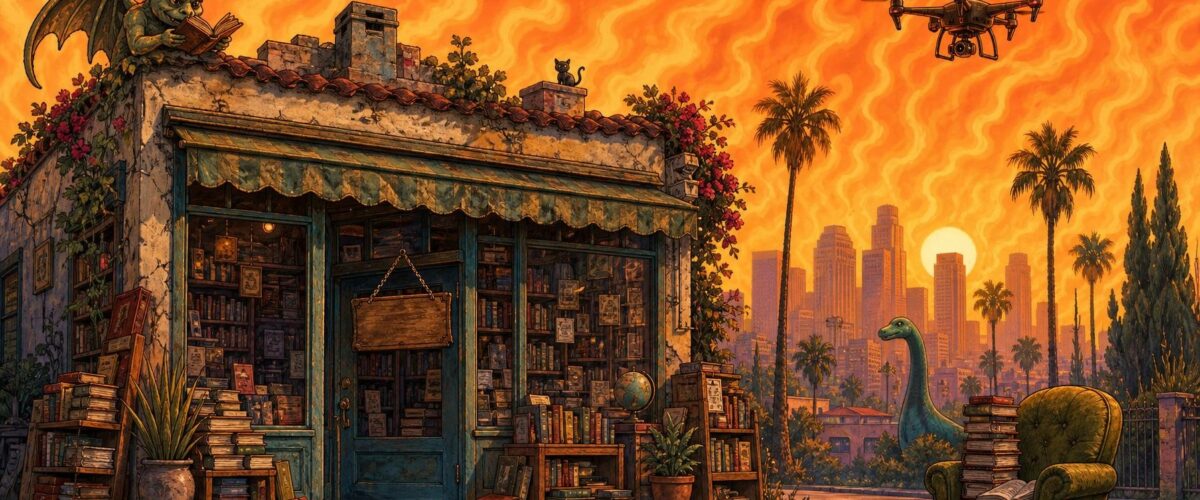 Ein verstaubtes Antiquariat in Los Angeles mit geschlossener Tür vor einem glühend orangefarbenen Himmel, über dem eine einzelne Drohne schwebt, verspielt-illustrativer Stil mit flirrenden Hitzewellen.