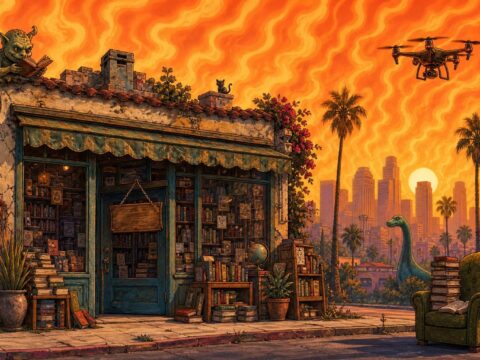 Ein verstaubtes Antiquariat in Los Angeles mit geschlossener Tür vor einem glühend orangefarbenen Himmel, über dem eine einzelne Drohne schwebt, verspielt-illustrativer Stil mit flirrenden Hitzewellen.