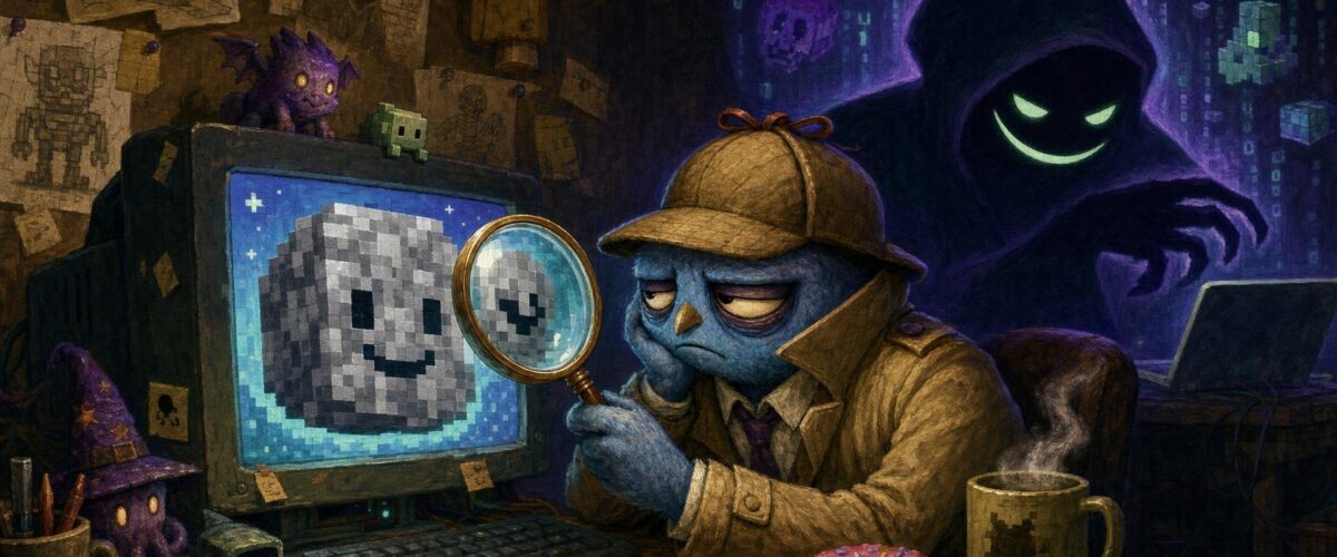 Ein müder Kommissar hält eine Lupe auf einen Bildschirm mit einem lachenden Pflastersteinchen-Pixelgrafik, dahinter ein großer Hackerschatten.