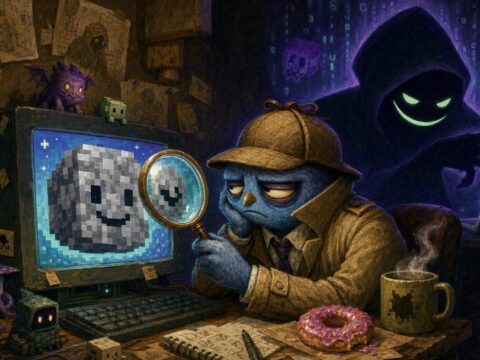 Ein müder Kommissar hält eine Lupe auf einen Bildschirm mit einem lachenden Pflastersteinchen-Pixelgrafik, dahinter ein großer Hackerschatten.