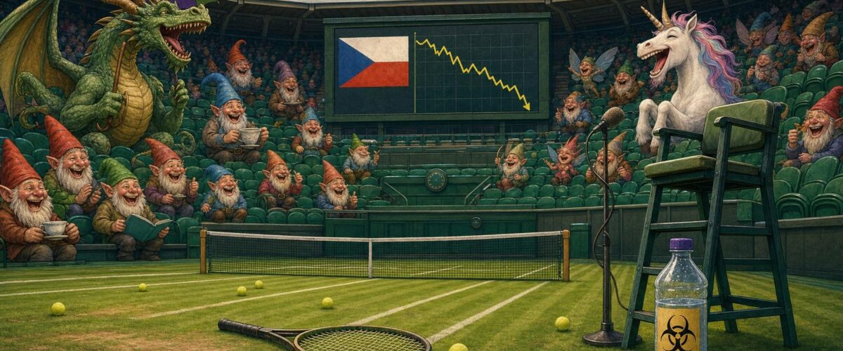 Ein leerer Centre Court in Wimbledon mit einem liegengelassenen Schläger und verstreuten Tennisbällen im Gras, neben dem Schiedsrichterstuhl steht eine Mineralwasserflasche mit Biogefahrensymbol, in den Rängen sitzen fantasievolle Fabelwesen wie ein Drache mit Regenschirm, Gartenzwerge und ein Einhorn, im Hintergrund zeigt die Anzeigetafel eine tschechische Flagge und einen fallenden Graphen mit der Aufschrift "INFLATION 1,5%".