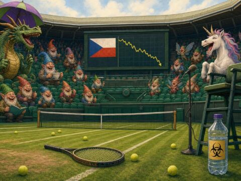 Ein leerer Centre Court in Wimbledon mit einem liegengelassenen Schläger und verstreuten Tennisbällen im Gras, neben dem Schiedsrichterstuhl steht eine Mineralwasserflasche mit Biogefahrensymbol, in den Rängen sitzen fantasievolle Fabelwesen wie ein Drache mit Regenschirm, Gartenzwerge und ein Einhorn, im Hintergrund zeigt die Anzeigetafel eine tschechische Flagge und einen fallenden Graphen mit der Aufschrift "INFLATION 1,5%".