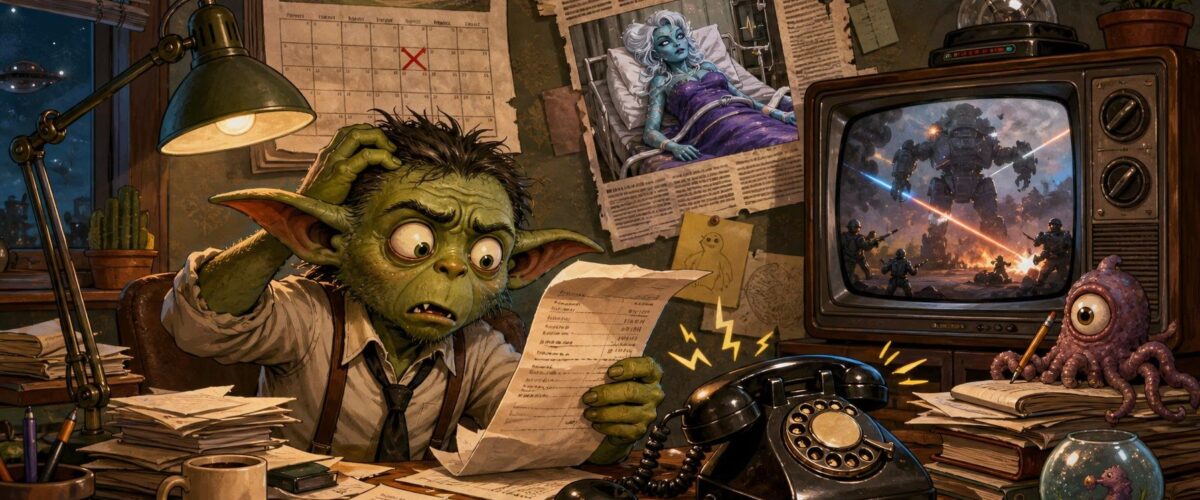 Ein verwirrter Journalist in einem unordentlichen Büro starrt auf eine Hotelrechnung neben einem klingelnden Telefon; auf einem alten Fernseher flimmert eine Science-Fiction-Kampfszene; im Hintergrund ein Kalender mit durchgestrichenem September-Datum und ein Zeitungsausschnitt, der eine glamouröse Frau im Krankenbett zeigt.