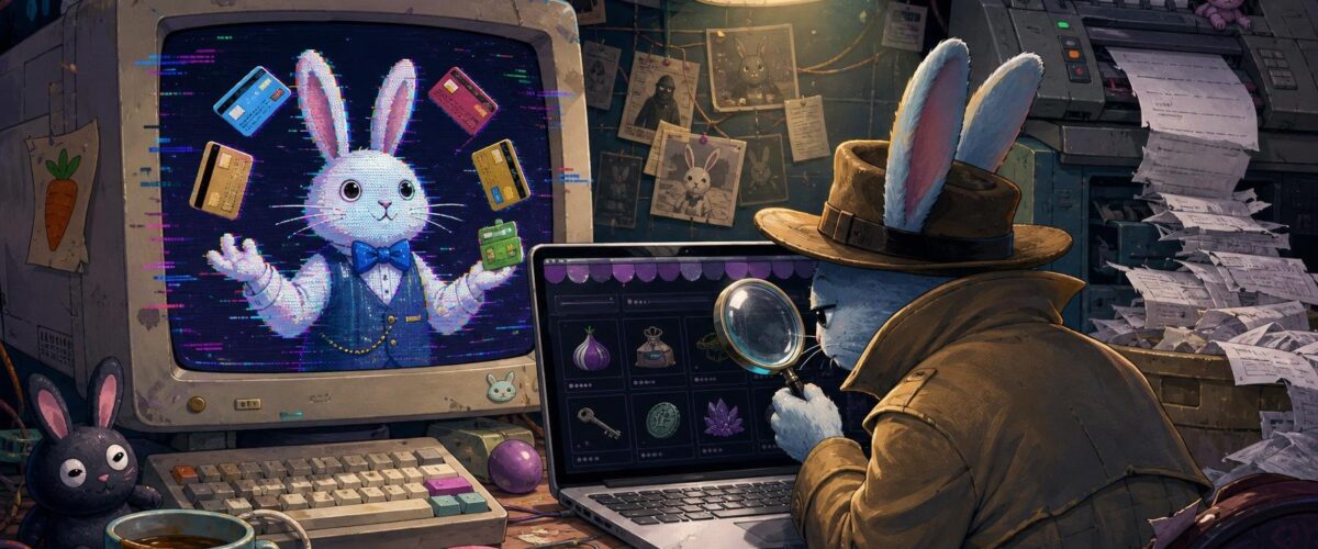Ein flackernder Computermonitor zeigt einen hasenförmigen Nachrichtenbroker, der Kreditkarten jongliert, während ein Kommissar im zerknitterten Mantel mit der Lupe auf einen Darknet-Marktplatz starrt und ein Faxgerät im Hintergrund Papier erbricht.