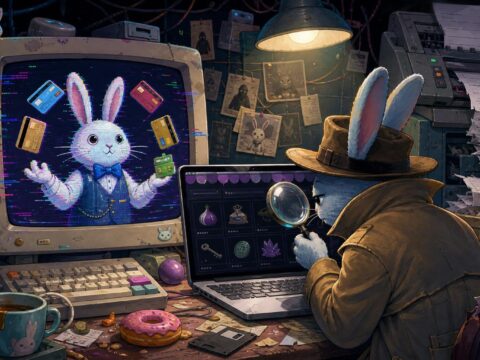 Ein flackernder Computermonitor zeigt einen hasenförmigen Nachrichtenbroker, der Kreditkarten jongliert, während ein Kommissar im zerknitterten Mantel mit der Lupe auf einen Darknet-Marktplatz starrt und ein Faxgerät im Hintergrund Papier erbricht.