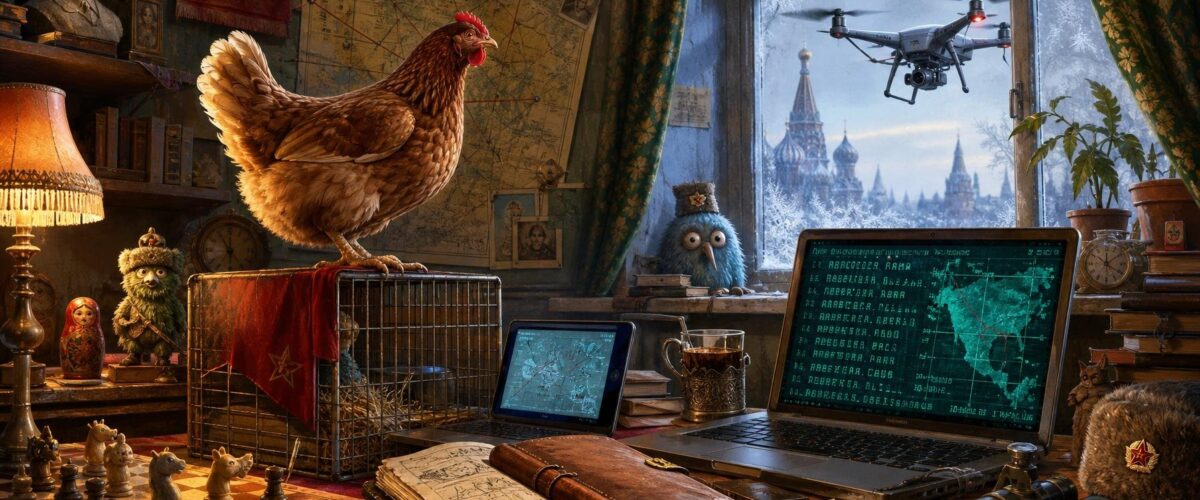 Ein überladenes Wohnzimmer im Sowjet-Stil mit Laptops und Karten, ein einzelnes Huhn auf einem Käfig, das eine vor dem Fenster schwebende Drohne fixiert, während kyrillischer Code über einen Bildschirm flackert und ein altes Logbuch aufgeschlagen liegt, düster mit absurden Akzenten