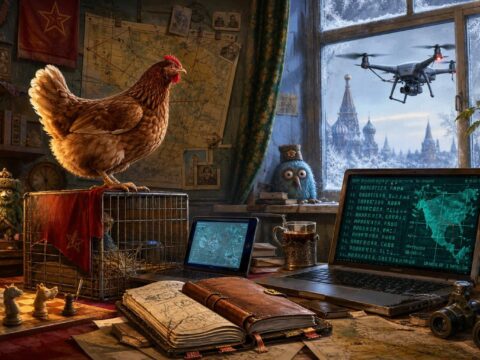 Ein überladenes Wohnzimmer im Sowjet-Stil mit Laptops und Karten, ein einzelnes Huhn auf einem Käfig, das eine vor dem Fenster schwebende Drohne fixiert, während kyrillischer Code über einen Bildschirm flackert und ein altes Logbuch aufgeschlagen liegt, düster mit absurden Akzenten