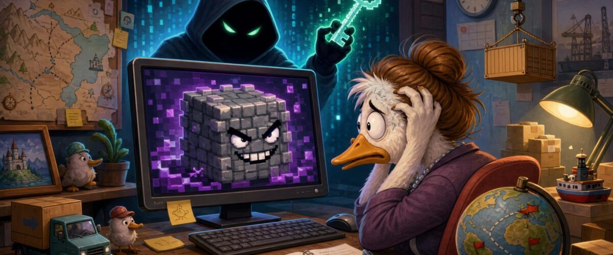 Eine gestresste Logistikmanagerin starrt auf ihren Monitor mit einem bösartig grinsenden Pflasterstein-Icon, dahinter die Silhouette eines Hackers mit einem digitalen Generalschlüssel.
