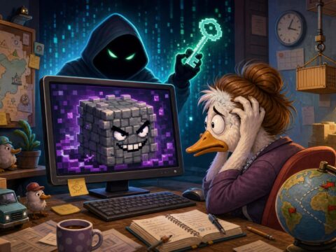 Eine gestresste Logistikmanagerin starrt auf ihren Monitor mit einem bösartig grinsenden Pflasterstein-Icon, dahinter die Silhouette eines Hackers mit einem digitalen Generalschlüssel.