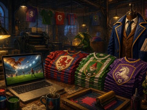 Eine düster beleuchtete Druckerei in einer alten Budweiser Fabrikhalle, Stapel gefälschter Fußballtrikots mit Fantasiewappen (ein Drache, ein Gnom, ein Einhorn) neben einem gefälschten Trainer-Kostüm an einer Schaufensterpuppe, ein Laptop zeigt ein KI-generiertes Deepfake-Fußballspiel, im Hintergrund lugt eine Zugfahrkarte zum Viertelfinale aus einer Manteltasche.