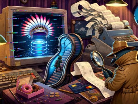 Ein flackernder Monitor zeigt eine gefiederte Apache-Krone über einer Datenbank, eine kernel-förmige Rolltreppe befördert eine kleine Hackerfigur nach oben, während ein Kommissar im Trenchcoat mit der Lupe über eine Kreditkartenquittung gebeugt ist und ein Faxgerät im Hintergrund Papier auswirft.