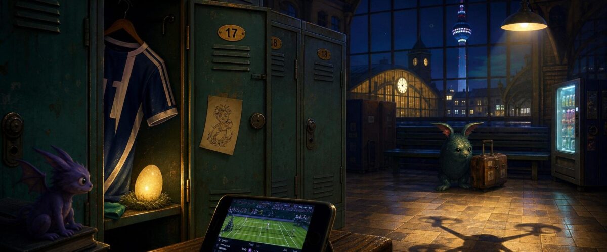 Eine schwach beleuchtete Schließfachanlage im Berliner Bahnhof Zoo bei Nacht, ein Fußballtrikot halb sichtbar in Fach siebzehn, ein Ei glimmt daneben, während ein Smartphone einen Wimbledon-Liveticker zeigt und ein entfernter Drohnenschatten über den Fliesenboden fällt