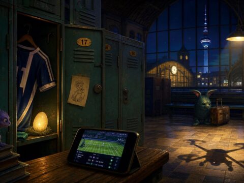 Eine schwach beleuchtete Schließfachanlage im Berliner Bahnhof Zoo bei Nacht, ein Fußballtrikot halb sichtbar in Fach siebzehn, ein Ei glimmt daneben, während ein Smartphone einen Wimbledon-Liveticker zeigt und ein entfernter Drohnenschatten über den Fliesenboden fällt