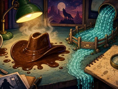 Ein Pfütze verschütteten Kaffees auf einem Schreibtisch nimmt die Form eines Cowboyhuts an, während ein binärer Datenstrom ein winziges Puffer-Zäunchen mit der Aufschrift „389-ds-base“ überschwemmt.