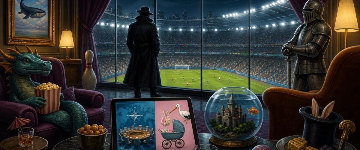 Ein elegantes VIP-Lounge-Interieur in einem Fußballstadion bei Nacht, raumhohe Fenster mit Blick auf das Spielfeld, eine einsame Silhouette im Trenchcoat betrachtet das Spiel hinter Glas, auf einem Tischchen ein Tablet mit kryptischen Schlagzeilen über einen NATO-Gipfel und den Mutterschutz einer deutschen Moderatorin.