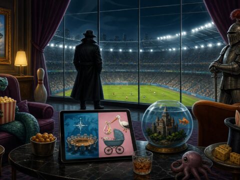 Ein elegantes VIP-Lounge-Interieur in einem Fußballstadion bei Nacht, raumhohe Fenster mit Blick auf das Spielfeld, eine einsame Silhouette im Trenchcoat betrachtet das Spiel hinter Glas, auf einem Tischchen ein Tablet mit kryptischen Schlagzeilen über einen NATO-Gipfel und den Mutterschutz einer deutschen Moderatorin.