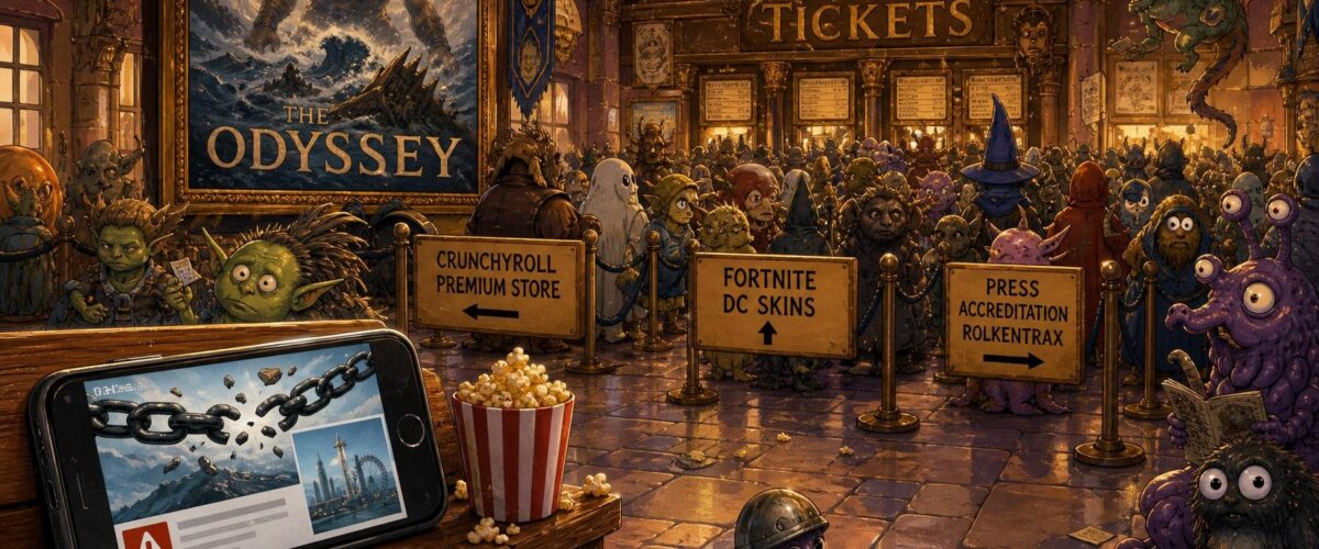 Überfüllte Kinoeingangshalle mit einem Plakat für "The Odyssey", drei falsch beschilderten Schlangen und einem Smartphone, das eine Fehlermeldung und eine Nachricht über einen singapurischen Studenten zeigt.