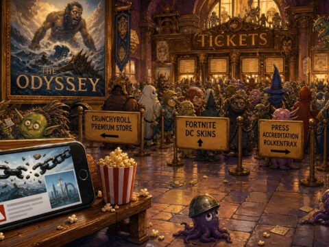 Überfüllte Kinoeingangshalle mit einem Plakat für "The Odyssey", drei falsch beschilderten Schlangen und einem Smartphone, das eine Fehlermeldung und eine Nachricht über einen singapurischen Studenten zeigt.