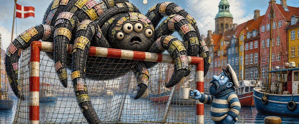 Eine Spinne aus Lkw-Reifen und Lottoscheinen, die an einem dänischen Fußballtor krabbelt und einen verwirrten Seemann anstarrt.
