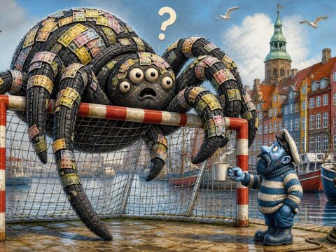 Eine Spinne aus Lkw-Reifen und Lottoscheinen, die an einem dänischen Fußballtor krabbelt und einen verwirrten Seemann anstarrt.