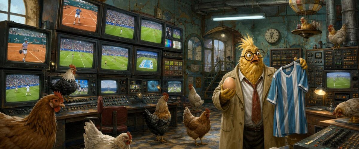 Ein surrealer Fernsehregieraum in einer alten Industriehalle, Hühner laufen zwischen Monitoren umher, die Tennismatches und Fußballspiele zeigen, während ein verwirrter Journalist ein Ei und ein Fußballtrikot unter flackernden Neonröhren hält