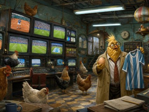 Ein surrealer Fernsehregieraum in einer alten Industriehalle, Hühner laufen zwischen Monitoren umher, die Tennismatches und Fußballspiele zeigen, während ein verwirrter Journalist ein Ei und ein Fußballtrikot unter flackernden Neonröhren hält