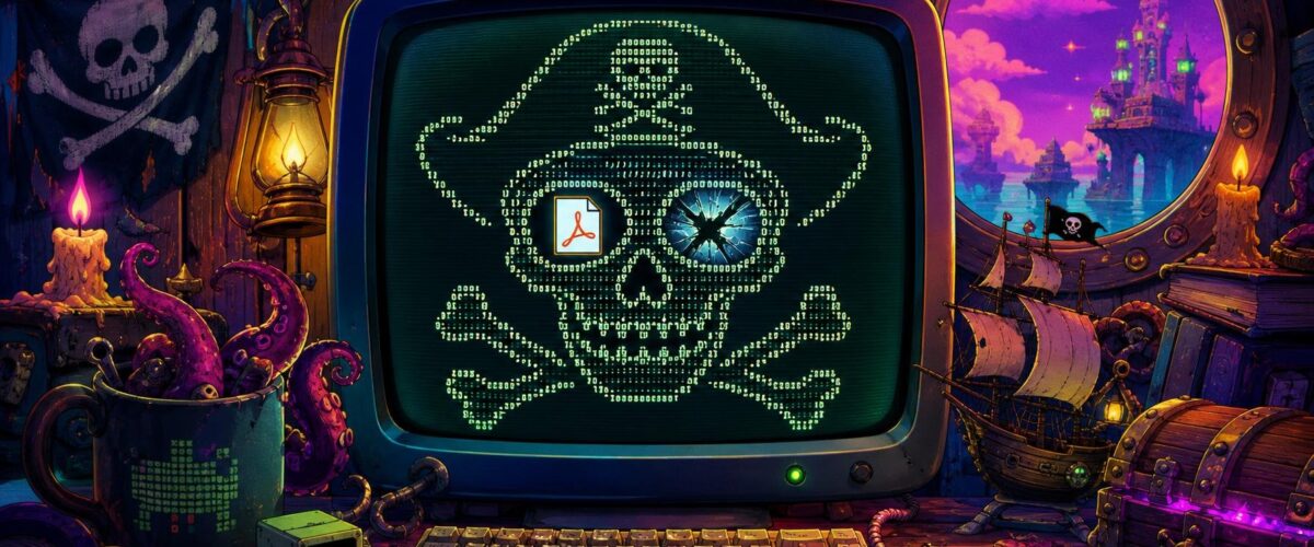 Ein ASCII-Totenkopf auf einem Monitor, dessen Augenhöhlen ein PDF-Symbol und ein zerbrochenes X-Fenster zeigen.