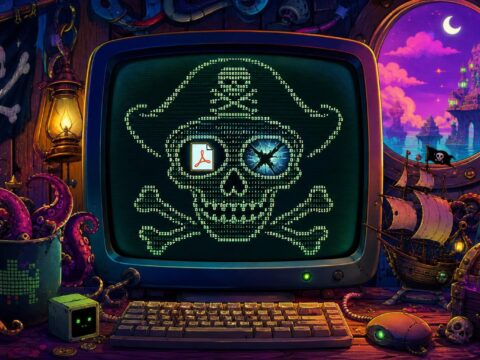 Ein ASCII-Totenkopf auf einem Monitor, dessen Augenhöhlen ein PDF-Symbol und ein zerbrochenes X-Fenster zeigen.