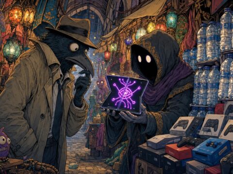 Ein zerknitterter Journalist in einer engen Basargasse, während ein geheimnisvoller Mann ein Samsung Galaxy Z Fold 8 aufklappt, auf dessen Display das Wort „CODEX“ leuchtet, und im Hintergrund Kartons mit gefälschten Wasserflaschen und Spielkonsolen stapeln.
