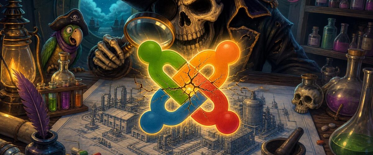 Ein leuchtendes Joomla-Logo mit Rissen, dahinter ein Piratenschädel mit Lupe über einem Pharmafabrik-Bauplan.