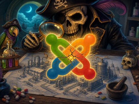 Ein leuchtendes Joomla-Logo mit Rissen, dahinter ein Piratenschädel mit Lupe über einem Pharmafabrik-Bauplan.