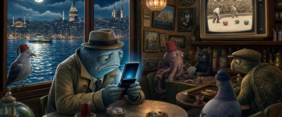 Ein müder Journalist in einem Teehaus in Istanbul starrt auf ein aufgeklapptes Samsung-Smartphone, auf dem das Wort „CODEX“ leuchtet; durch ein Fenster schimmert der Bosporus im Mondschein, während in der Ecke ein kleiner Fernseher ein altes Bocce-Spiel zeigt.