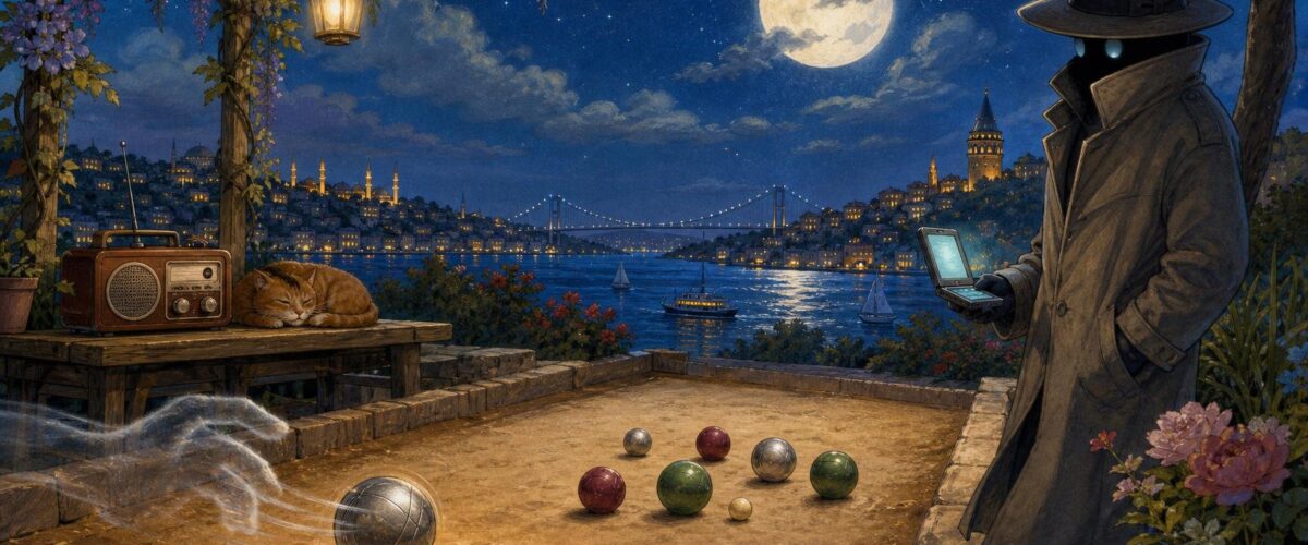 Ein unsichtbarer Arm rollt eine silberne Bocce-Kugel auf einem staubigen Platz am Bosporus; eine Gestalt im Trenchcoat beobachtet aus dem Schatten und hält ein aufgeklapptes Smartphone mit der Aufschrift „CODEX“; im Hintergrund steht ein Radio auf einer Holzbank.