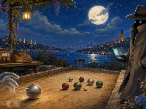 Ein unsichtbarer Arm rollt eine silberne Bocce-Kugel auf einem staubigen Platz am Bosporus; eine Gestalt im Trenchcoat beobachtet aus dem Schatten und hält ein aufgeklapptes Smartphone mit der Aufschrift „CODEX“; im Hintergrund steht ein Radio auf einer Holzbank.