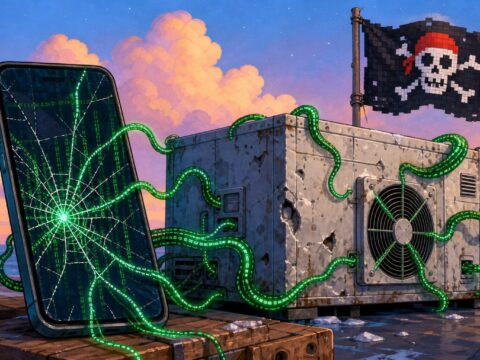 Ein gesprungener Smartphone-Bildschirm, aus dessen Rissen grün leuchtende Terminalzeilen wuchern, die sich um ein verbeultes Industriekühlgerät legen, dahinter eine pixelige Piratenflagge.