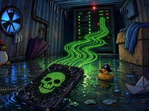 Ein zerschelltes Smartphone in einer Pfütze in einem dunklen Industriekühlcontainer, auf dessen Bildschirm ein grinsender Totenkopf aus grünen Kommandozeilen zu einem blinkenden Server-Rack emporsteigt.