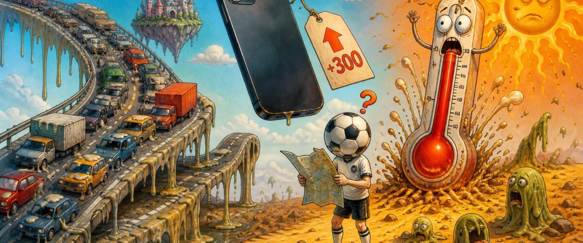 Surreale Szene mit schmelzender Autobahn, einem riesigen iPhone mit Preisschild, einem verwirrten Fußballer und einem explodierenden Thermometer.