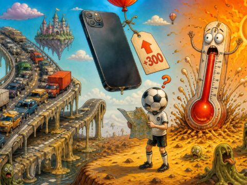 Surreale Szene mit schmelzender Autobahn, einem riesigen iPhone mit Preisschild, einem verwirrten Fußballer und einem explodierenden Thermometer.