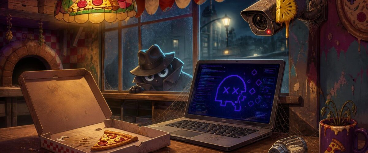 Eine geschlossene Pizzeria mit einem Pizzakarton auf der Theke, ein Laptop mit gelöschtem Serverbildschirm, ein Detektiv späht durch die Fensterscheibe, eine Ananasscheibe klebt an der Überwachungskamera.