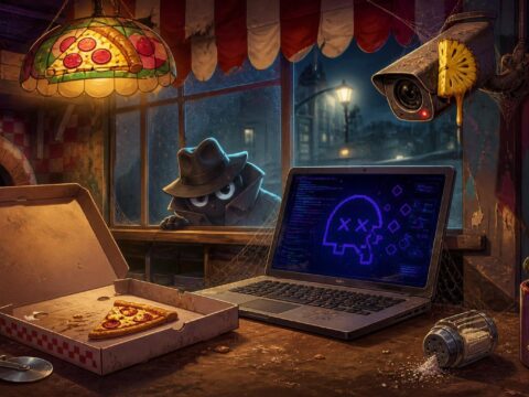 Eine geschlossene Pizzeria mit einem Pizzakarton auf der Theke, ein Laptop mit gelöschtem Serverbildschirm, ein Detektiv späht durch die Fensterscheibe, eine Ananasscheibe klebt an der Überwachungskamera.