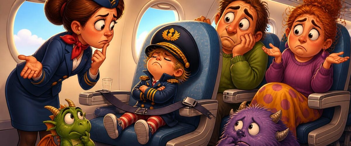 Cartoon eines Kindes mit Kapitänsmütze im Flugzeug, das sich weigert, den Sicherheitsgurt anzulegen, umringt von verzweifelten Erwachsenen.