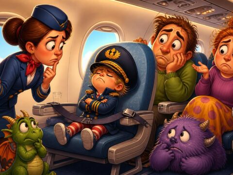 Cartoon eines Kindes mit Kapitänsmütze im Flugzeug, das sich weigert, den Sicherheitsgurt anzulegen, umringt von verzweifelten Erwachsenen.