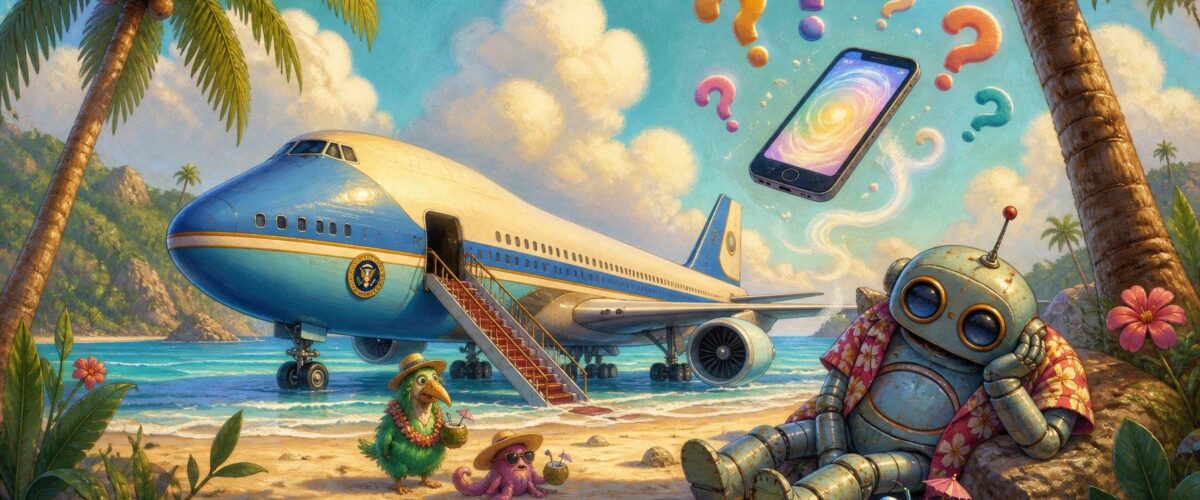 Illustration: Ein Regierungsflugzeug parkt am Palmenstrand, ein schlaffer Roboter sitzt daneben, ein schwebendes Smartphone mit Fragezeichen.