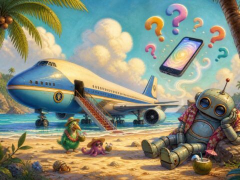 Illustration: Ein Regierungsflugzeug parkt am Palmenstrand, ein schlaffer Roboter sitzt daneben, ein schwebendes Smartphone mit Fragezeichen.