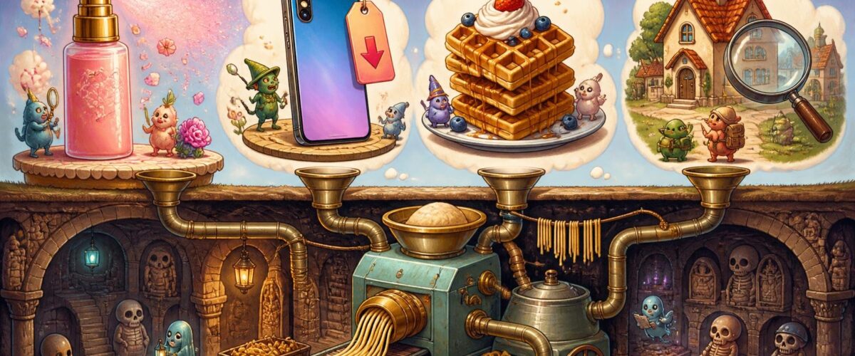 Illustration mit Hollywood-Stern, iPhone, Waffel, Haus und antiker Totenstadt unter einer Pastafabrik.